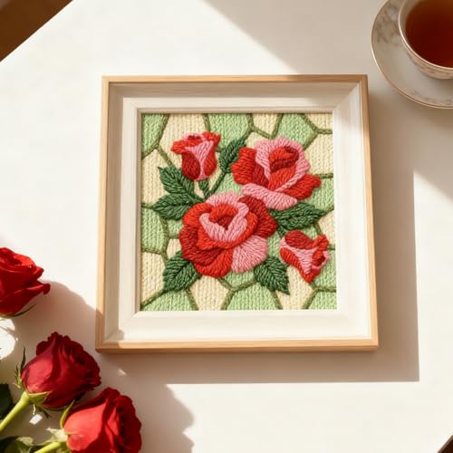 INFUNLY Roses Punch Needle Kit Square 9.4 Inches DIY Embroidery Punch Needle Set for Adults Red Pink Flowers Punches Stitching Starter Kits with Easy to Follow Instructions Festival Gift Home Decor - style: Roses