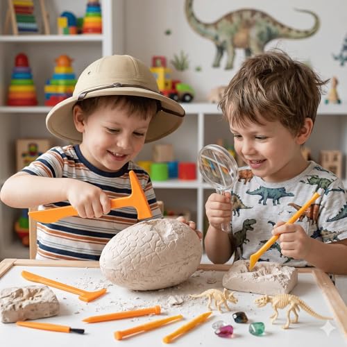 3 Sets Dino Fossils Dig Kit Archaeological Excavation Tools for Kids, Plastic Digging Hammer Chisel Brush Scraper Magnifier Science Kits for Dinosaur Eggs and Gem - size: Small