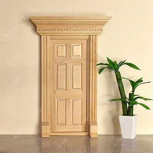 iLAND Dollhouse Door on 1 12 Scale, Unfinished Paintable Neoclassical Wooden Door w/Metal Handle, Mail Slot, Key & Knocker, Miniature Building Supplies Dollhouse Furniture & Decor - style: Neoclassical Mini Door