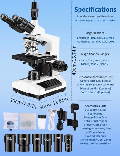 Microscopes for Adults WF10x and WF25x eyepieces Compound Microscope with Microscope Slides, Microscopes Kit for Kids Students Home School (Monocular Microscope with Big Bundle) - color: White