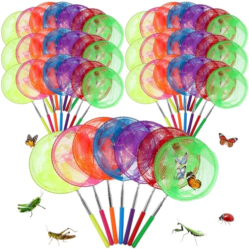 Simgoing 48 Pcs Butterfly Fishing Nets for Kids Bulk Catching Outdoor Tools for Catching Bugs Fish Nature Exploration Toys for Kids Extendable Butterfly Net Outdoor Playing, Extendable 33.5 Inches