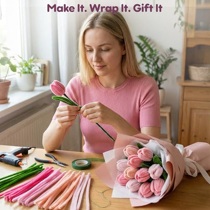 EARLY MINDS 800Pcs Pipe Cleaner Flower Kit with Tutorial, 8 Colors - color: pink