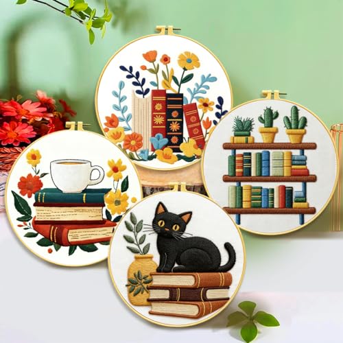 Zhenqing 4-Piece Book Lover Embroidery Kit for Beginners, Cat Coffee Books Needlework Set with Pre-Printed Fabric, Hoop, Threads & Tools (C0226) - color: Book Lover Embroidery Collection