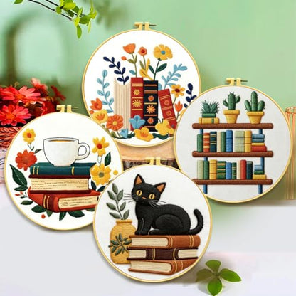 Zhenqing 4-Piece Book Lover Embroidery Kit for Beginners, Cat Coffee Books Needlework Set with Pre-Printed Fabric, Hoop, Threads & Tools (C0226) - color: Book Lover Embroidery Collection
