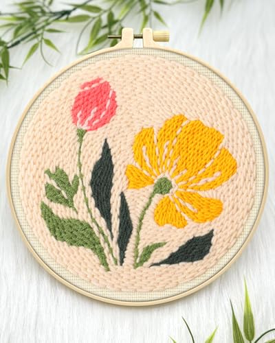 ERKOON Punch Needle Kit Adults Beginners, DIY Easy Floral Embroidery Set for Starter Art Craft, Needling Punch Project with Patterns, Tools, Yarns, Hoop, Instruction (Rhubarb Flowers) - color: Rhubarb Flowers