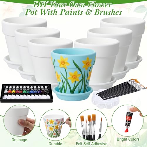 6 Sets DIY Flower Pot Painting Kit 6 White Terracotta Flower Pots with Saucer Planting Gardening Tools 12 Color Acrylic Paints Set Plant Growing Crafts Spring Garden Gift