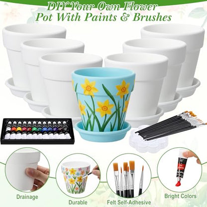 6 Sets DIY Flower Pot Painting Kit 6 White Terracotta Flower Pots with Saucer Planting Gardening Tools 12 Color Acrylic Paints Set Plant Growing Crafts Spring Garden Gift