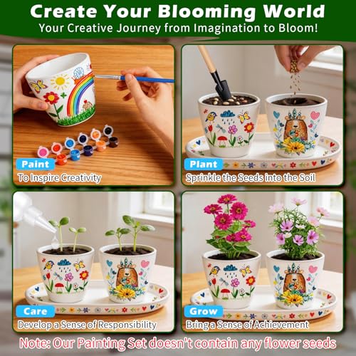 Hysagtek Paint & Plant Flower Growing Kit - Fun Gardening Set with 4 Pots, Art Craft Grow Garden Planting Set Birthday Easter Gift for Girls & Boys