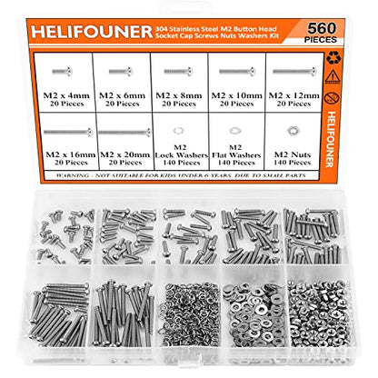 HELIFOUNER 560 Pieces M2 x 4mm /6mm /8mm /10mm /12mm /16mm /20mm, Button Head Socket Cap Screws Bolts Washers Nuts Kit, 304 Stainless Steel - size: M2, style: Button Head Socket Cap