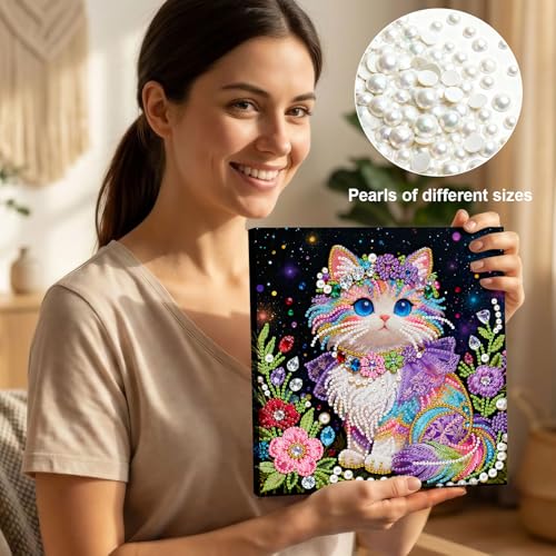 Xylzzuit Pearl Painting Kit with Frame 9.84x9.84IN Colorful DIY Gemstone Pearls Beads Art Craft for Adults Home Desktop Wall Decor (Cat) - color: Cat