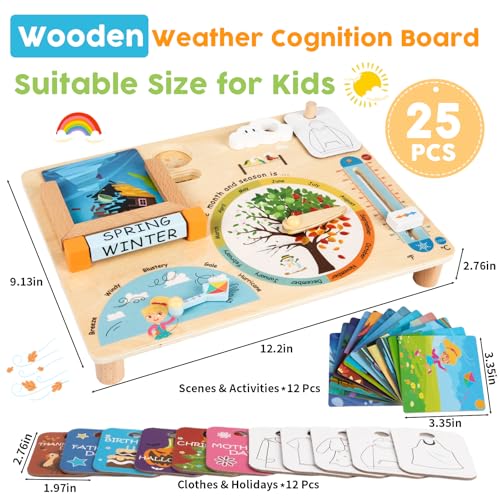 Wooden Weather Station Cognitive Board with 24 Cards, Climate Teaching Toy, Weather Board for Kids, Learning Daily Weather Condition Changes, Months Temperature & Seasons Toys for 3,4,5 Years Old
