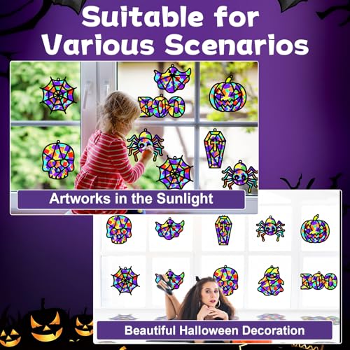 32 Sets Halloween Suncatchers Craft Kit DIY Window Stained Glass Effect Ghost Spider Skull Pumpkin Paper Crafts Home School Classroom Decoration Kid Birthday Gift Creative Art Project Activity Game - style: Halloween