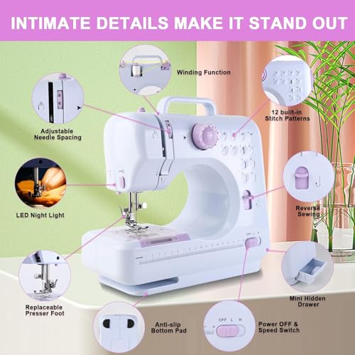 Sewing Machine for Beginners & Kids, Mini Portable Sewing Machines with 12 Built-in Stitch Patterns, 2-Speed Foot Pedal, Perfect for Teaching Daughter to Sew(with 27 Pieces Sewing Kit & Cover)