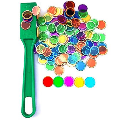 Magnetic Wands and Bingo Chips Set Magnet Wand 100 Multicolour Metal Ringed Discs Science STEM Kit Learning Accessories Family Game Night Tokens - color: Green
