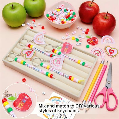 Tuhangcc Unique Design 16 Sets Teacher DIY Charm Bead Keychain Kit with 10 A-Z Letter Beads 16 Charms & Greeting Card for Teacher Day Gift (Teacher's Day) - color: Teacher's Day