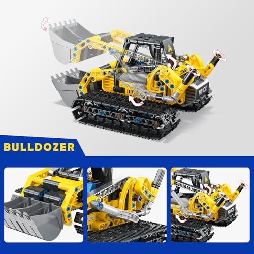 2-in-1 Excavator & Bulldozer Building Kit - 399 Pieces STEM Educational Construction Toys for Kids, Creative Birthday Gift Idea - color: Yellow