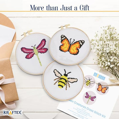 Kraftex Floral Stamped Cross Stitch Kits for Beginners - 3 Pack. DIY Embroidery Needlepoint Patterns for Adults. Easy Cross Stitch Kits for Beginners (Garden Creatures) - style: Garden Creatures