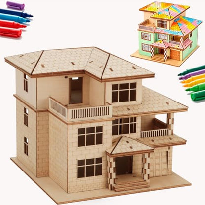 3D Wooden Puzzles for Adults,Miniature Villa Model Kit,DIY Craft Gift - color: Original Wood Color-three Layers