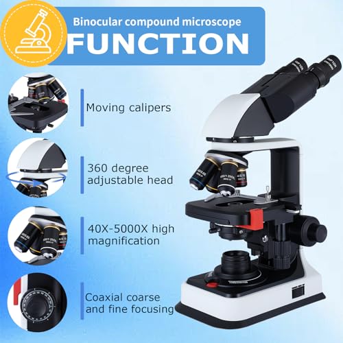40X-2500X Binocular Microscope, WF10x and WF25x Eyepieces, LED Illumination, with Specimen Handpiece Holder, for Beginners, Microscope for Adults - color: black and white