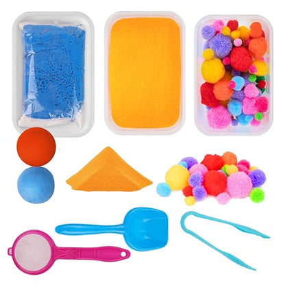 LOLO TOYS Sensory Kit for Toddlers and Kids - Includes 3 Bins with Lids, Play Tools, Sand, Feathers, Clay, Color Beads and Pom Poms Kids Box Fillers (Starter Set)