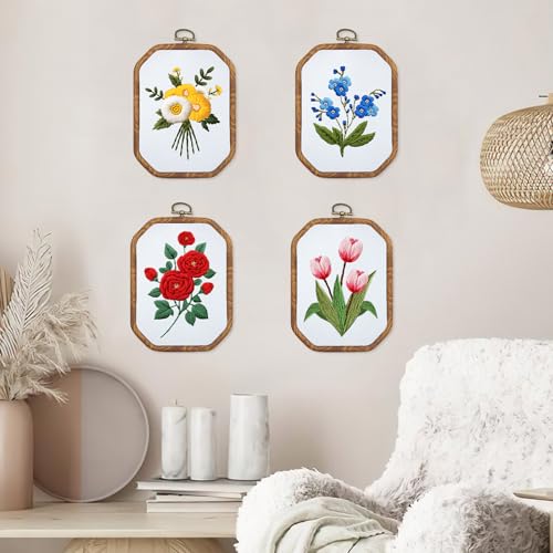 ORIGACH 4 Set DIY Flower Embroidery Kit for Beginners Adults