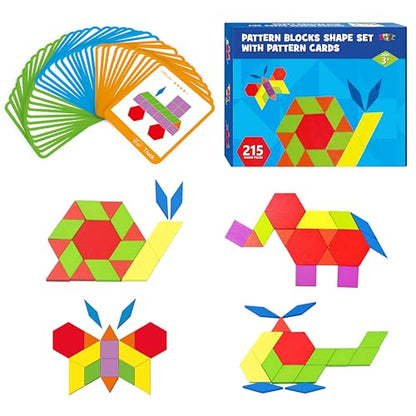 215 PCS Wooden Pattern Blocks Set, 24 Double-Sided Design Cards Pattern Building Shapes Educational Geometric Shape Puzzle Fun Tangram Montessori Learning Toys for Kids Ages 4-8 (A Storage Bag) - style: 215 Pcs Blocks Set