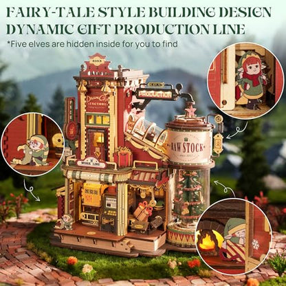 ROKR 3D Puzzle for Adults Christmas Dream Gift Factory Wooden Model Kit Luminous Factory DIY Dollhouse Kit Building with Music, Lights and 5 Elves for Adults