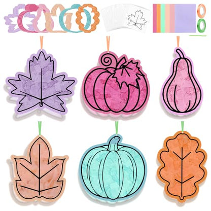 Aneco 24 Sets DIY Boho Fall Pumpkin Suncatchers Craft Kit, Tissue Paper Sign Art Crafts Hanging Decor Window Stained Glass Effect for Thanksgiving Party Supplies Holiday Home Activities Party Favors - style: Boho Fall