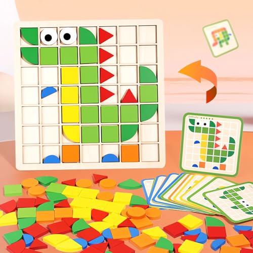 Pattern Blocks and Boards with 120 Pieces Colored Wooden Shape Blocks, with 20 Pieces Design Cards, Kindergarten Classic Geometric Puzzles Toys for Girls and Boys