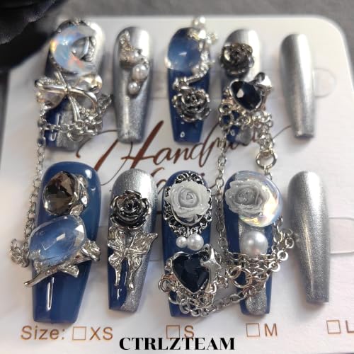 CTRLZTEAM Cyber Gothic Coffin Press on Nails Silver Blue Square Nails - color: Blue Silver, size: M