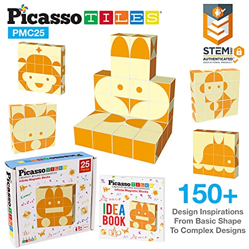 PicassoTiles 25 Piece Magnetic Puzzle Game Magic Cube Puzzles Brain Teaser Set Kids Toy Magnet Pattern Block Matching Toys with Free Ideabook 150+ Inspirations Included STEM Learning Early Education