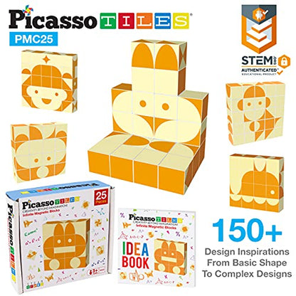 PicassoTiles 25 Piece Magnetic Puzzle Game Magic Cube Puzzles Brain Teaser Set Kids Toy Magnet Pattern Block Matching Toys with Free Ideabook 150+ Inspirations Included STEM Learning Early Education