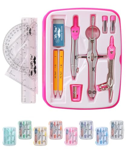 Mr. Pen- Geometry Set, 13 pcs, 3 Metal Compasses, Protractor, 6" Ruler - color: Pink