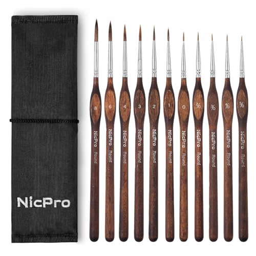Nicpro 11 PCS Kolinsky Sable Miniature Paint Brushes with Cloth Roll - size: 11 PCS (brown)