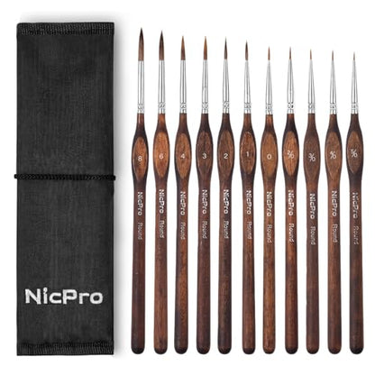 Nicpro 11 PCS Kolinsky Sable Miniature Paint Brushes with Cloth Roll - size: 11 PCS (brown)