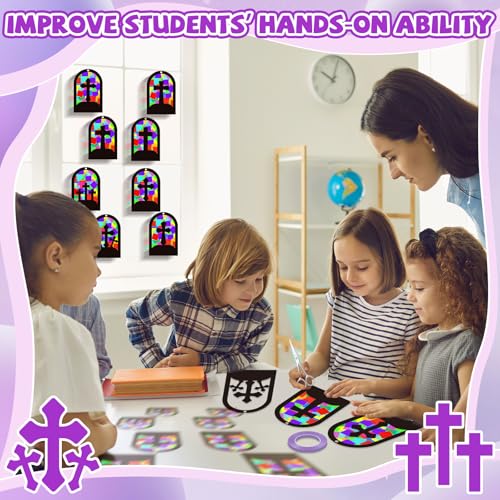QOUBAI 32 Sets Cross Suncatchers Craft Kit DIY Religious Window Stained Glass Effect Christian VBS Paper Hanging Ornament Kid Easter Sunday School Birthday Gift Creative Art Project Activity Game - style: Window Cross