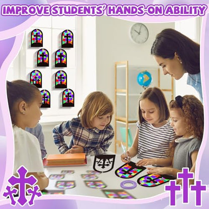 QOUBAI 32 Sets Cross Suncatchers Craft Kit DIY Religious Window Stained Glass Effect Christian VBS Paper Hanging Ornament Kid Easter Sunday School Birthday Gift Creative Art Project Activity Game - style: Window Cross