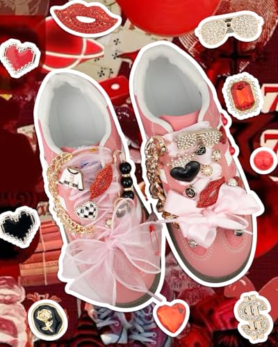 DoDoBeads 93 Pcs Shoe Charms for Sneakers, Junk Sock Charm Kit with Red & Black Charms and Satin/Lace Shoelaces, Sneaker Charm for Women, Cute Shoelace Accessories, DIY Sock/Shoe Decorations - style: Rock Glam