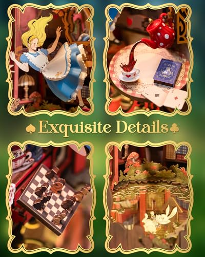 Rolife Book Nook Kit Fall into Wonder 3D Wooden Puzzles 9.9" Wonderland Booknooks DIY Miniature Kit with LEDs Fairy Tale Bookshelf Decor Craft for Adults Gift for Mom Women Men