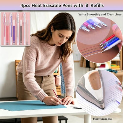 10Pcs Triangle Tailors Chalk with 100Pcs Sewing Clips, 100pcs Straight Pins Set, 4pcs Heat Erasable Fabric Marking Pens with 8 Refills, 3PCS Sewing Fabric Pencils for Quilting Craft Accessories