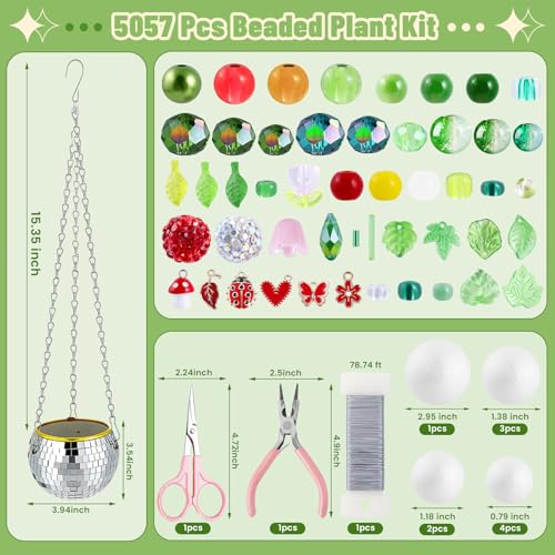 FOGWOWO 5057 Pcs Beaded Plant Kit,Glass Green Beads with Disco Ball & Chain - color: Green B (Include Pot & Foam)