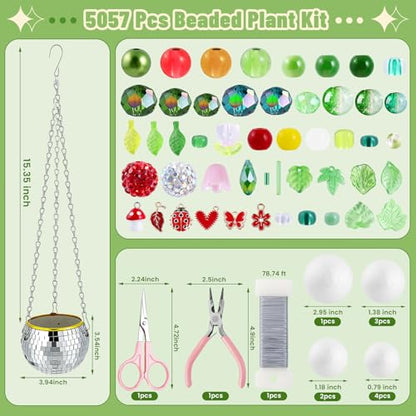 FOGWOWO 5057 Pcs Beaded Plant Kit,Glass Green Beads with Disco Ball & Chain - color: Green B (Include Pot & Foam)