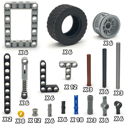 Technical Parts 6 Wheels Trailer Car Suspension Accessories with Tires 18.9x1.8 Inch MOC Parts Building Blocks DIY Replacement Spare Tech Kit Compatible with Major Brands