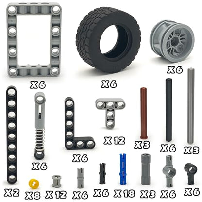 Technical Parts 6 Wheels Trailer Car Suspension Accessories with Tires 18.9x1.8 Inch MOC Parts Building Blocks DIY Replacement Spare Tech Kit Compatible with Major Brands