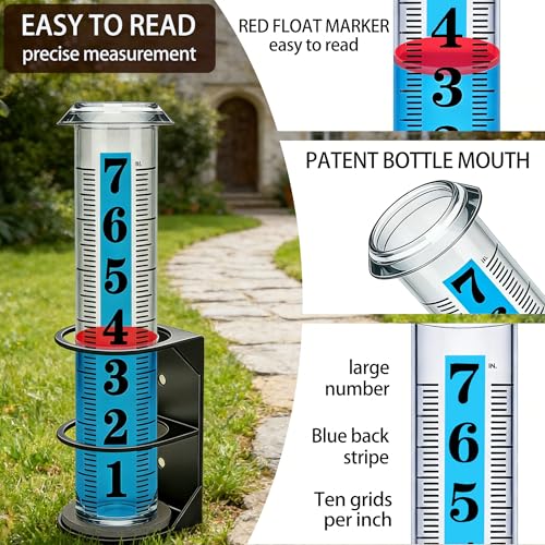 YZDTECH Rain Gauge Outdoor, 7" Easy to Read Rain Measure Gauge with Red Float, Rain Gauges Outdoors Best Rated with Metal Rack Holder, Large Freeze Proof Plastic Replacement Tube for Yard Garden - color: Metal rain gauge style 1