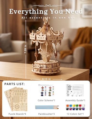 BOOZUU Paintable 3D Wooden Carousel Puzzle for Adults