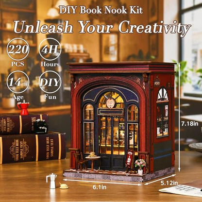 DIY Book Nook Kit, 3D Wooden Puzzle Miniature House with LED Light, Dollhouse Bookshelf Insert, Tiny House Model Building Kit, Unique Creative Gift for Adults and Teens (Warmglow Coffee) - style: Warmglow Coffee