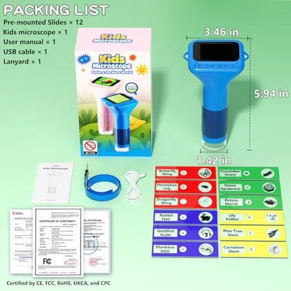 Odatay 1000X Digital Kids Microscope Kit with 12 Slides & 2" Screen, Blue - color: Blue
