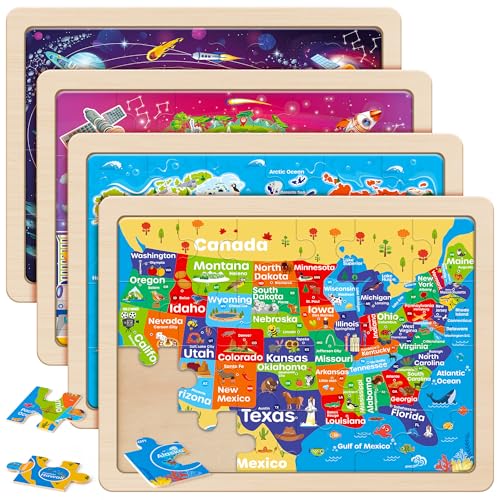 SYNARRY Large USA Map, World Map & Solar System Wooden Puzzles Ages 4-6 - style: US World Earth Solar System