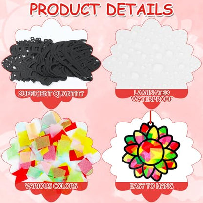 Qyeahkj 32 Set Suncatchers Crafts for DIY Rainbow Heart Window Tissue Paper Craft Kit Sunflower Sun Hanging Decor for Summer Home Activity Art Project Birthday Party Favor Gift - size: 5.9 x 4.3 inches
